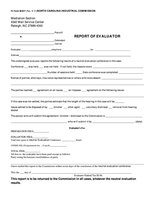 Report Of Evaluator Form - North Carolina Printable pdf