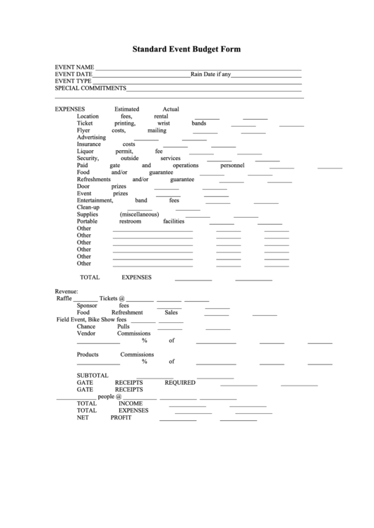 Standard Event Budget Form Printable pdf