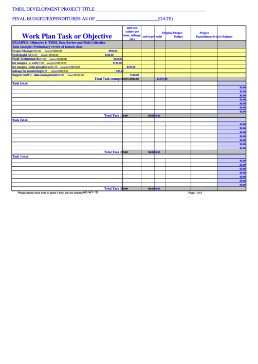 Project Budget Template - Work Plan Task Or Objective Printable pdf