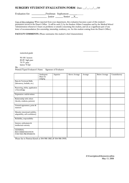 Surgery Student Evaluation Form Printable pdf