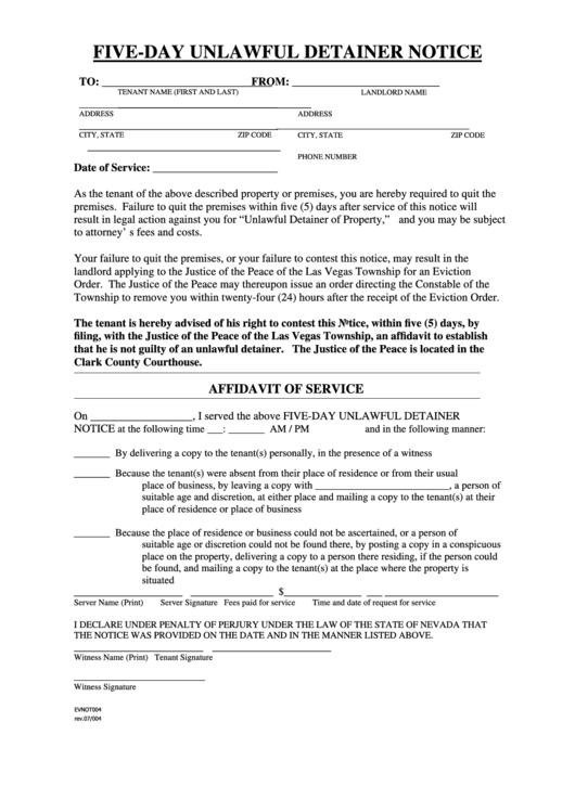 Five-Day Unlawful Detainer Notice - Las Vegas Township Printable pdf