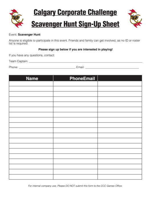 Calgary Corporate Challenge Scavenger Hunt Sign-Up Sheet Template Printable pdf