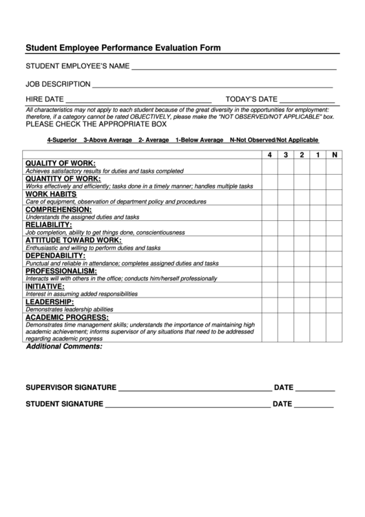 Student Employee Performance Evaluation Form Printable pdf