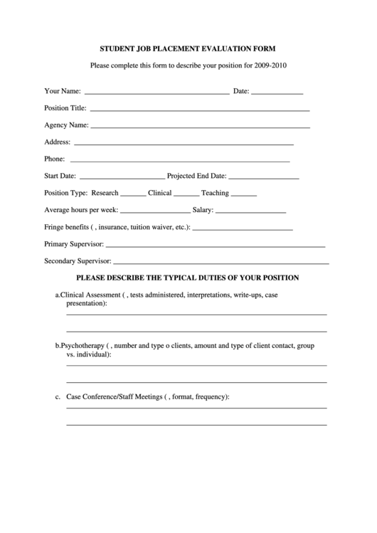 Student Job Placement Evaluation Form Printable pdf
