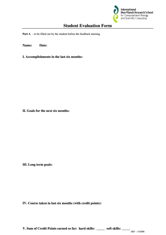 Student Evaluation Form Printable pdf