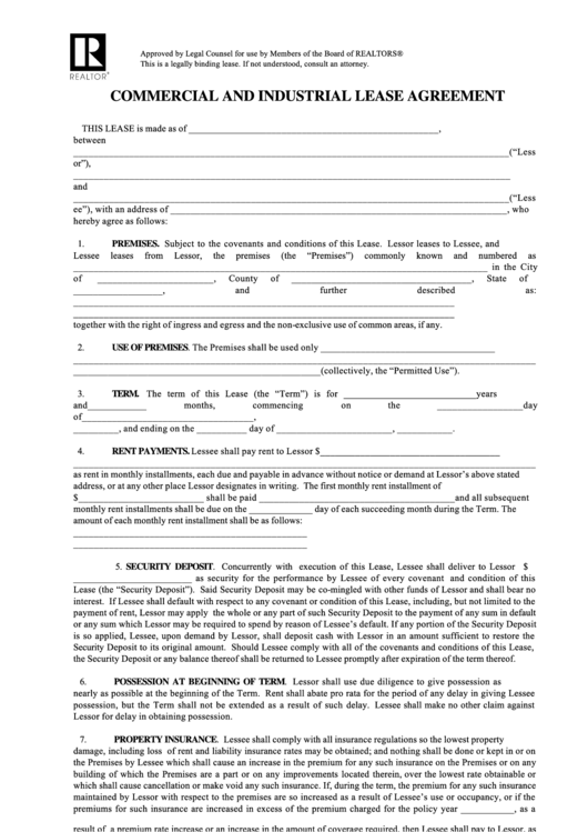 Commercial And Industrial Lease Agreement Printable pdf