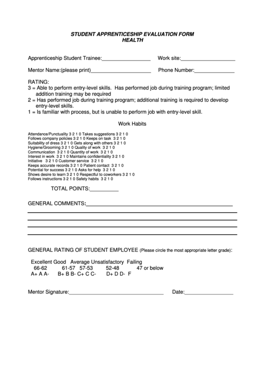 Student Apprenticeship Evaluation Form Printable pdf
