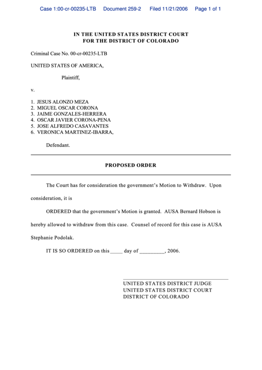Proposed Order - United States District Court Printable pdf