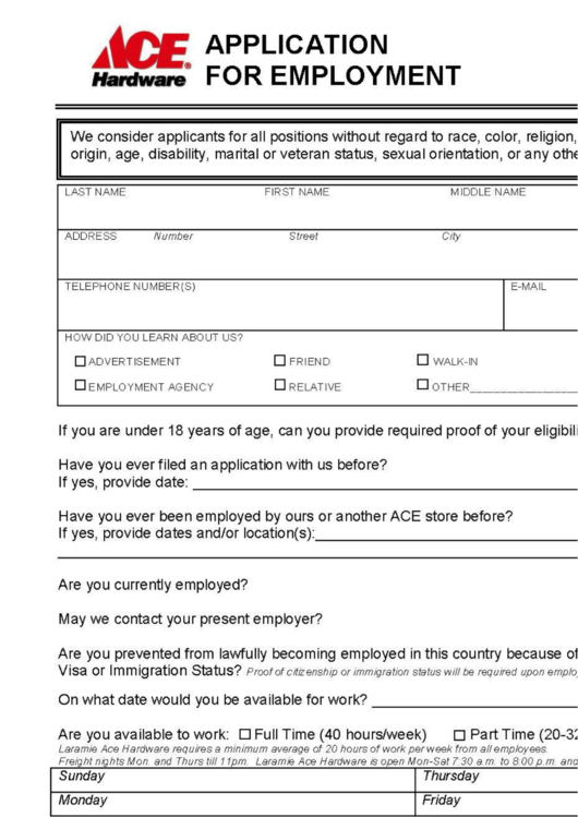 Fillable Application For Employment - Ace Hardware Printable pdf