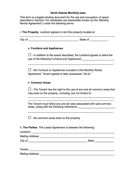 Fillable North Dakota Monthly Lease Form Printable pdf