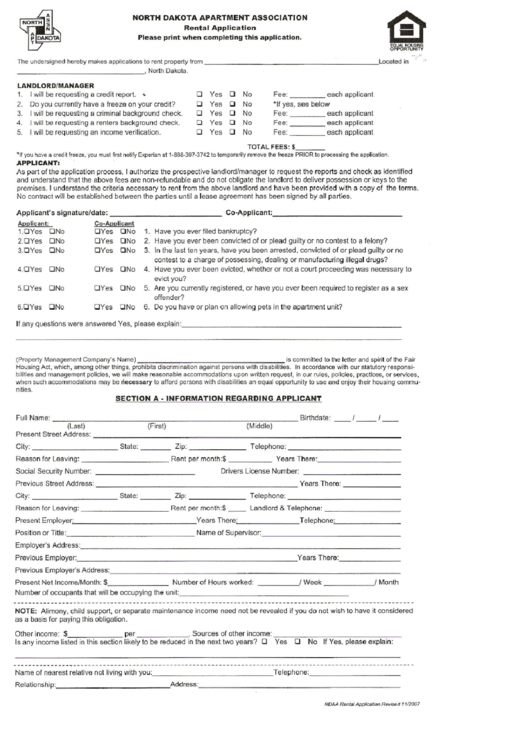 Fillable North Dakota Apaprtment Association Printable pdf