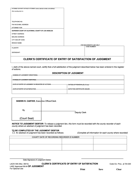 Fillable Clerks Certificate Of Entry Of Satisfaction Of Judgment Printable pdf