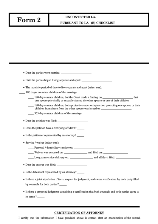 Fillable Form 2 Uncontested La Cc Art 103 Divorce Printable pdf