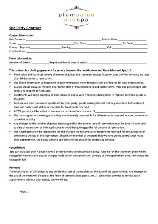 Spa Party Contract Printable pdf