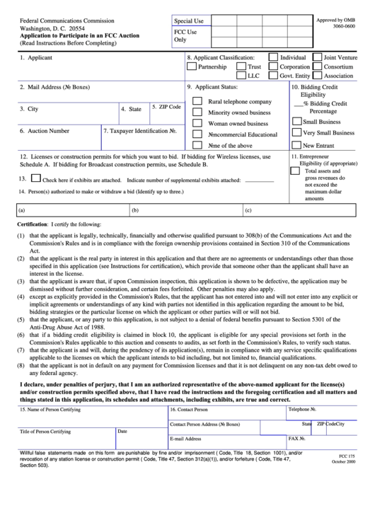 Application To Participate In An Fcc Auction Fcc 175 Printable pdf