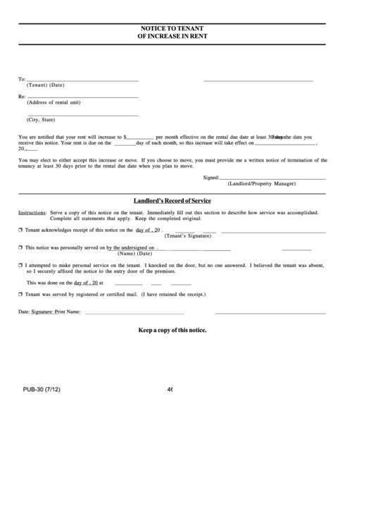 Notice To Tenant Of Increase In Rent Printable pdf