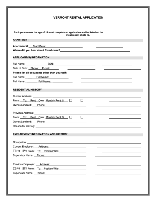 Fillable Vermont Rental Application Printable pdf