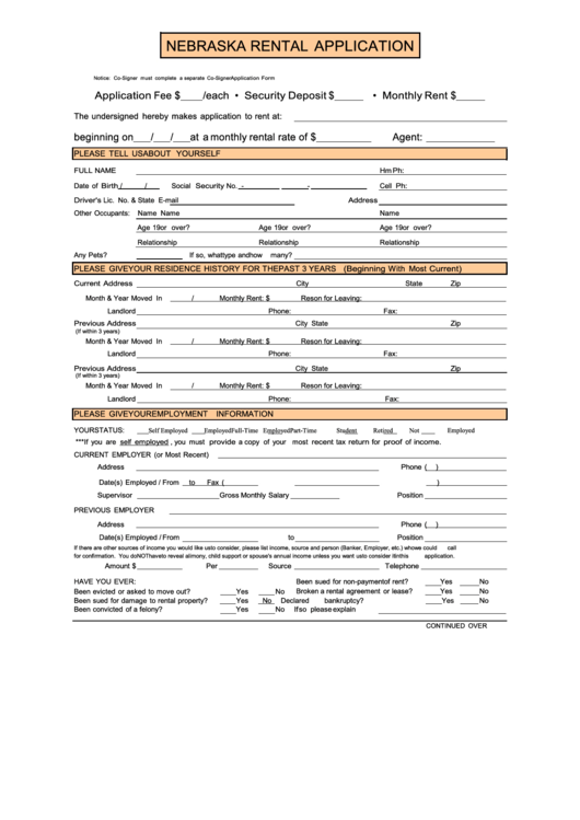 Fillable Nebraska Rental Application Printable pdf