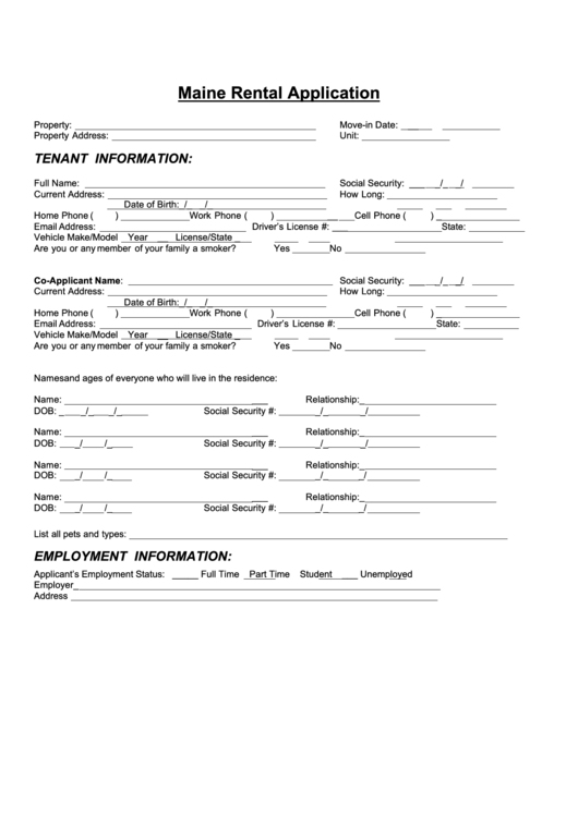 Fillable Maine Rental Application Printable pdf