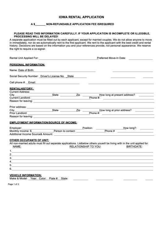 Fillable Iowa Rental Application Printable pdf