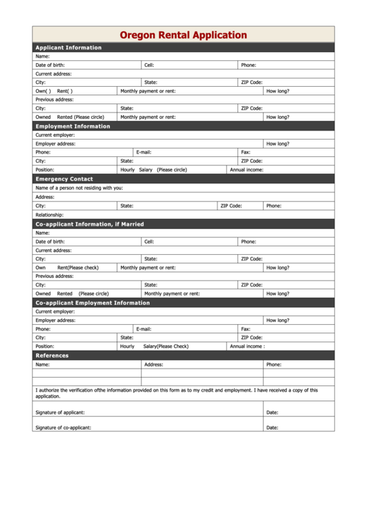 Oregon Rental Application Form