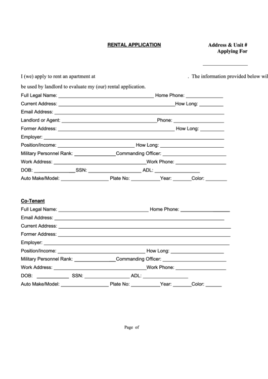 Fillable Rental Application Printable pdf