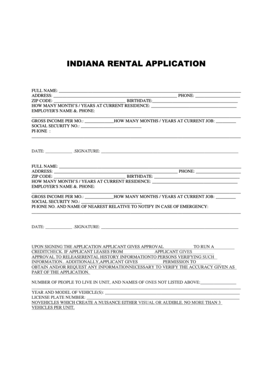 Fillable Indiana Rental Application Form Printable pdf