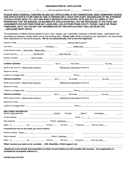 Fillable Arkansas Rental Application Printable pdf