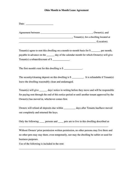 Fillable Ohio Month To Month Lease Agreement Template Printable pdf