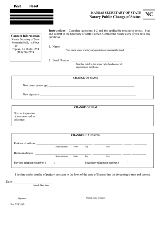 Fillable Notary Public Change Of Status Printable pdf