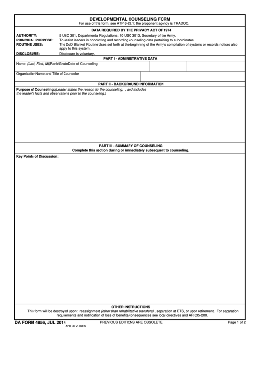Fillable DA Form 4856 Developmental Counseling Form Printable 