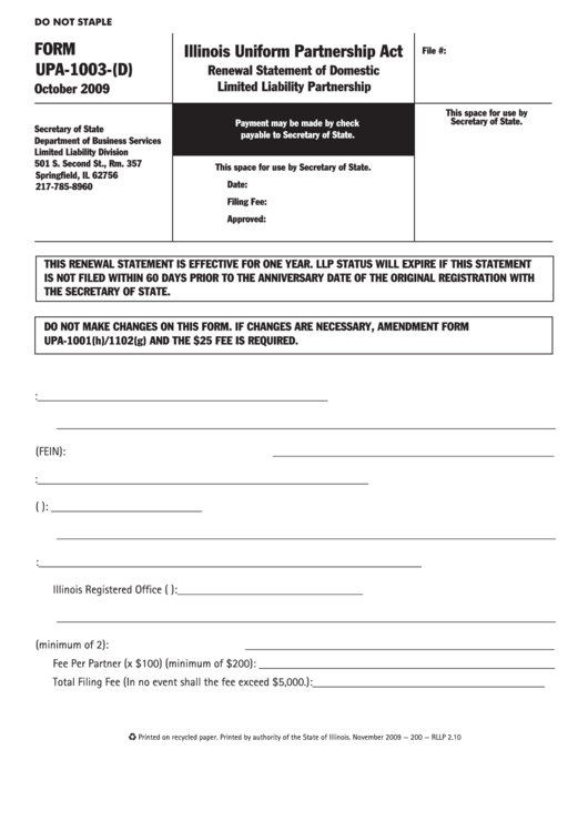 Fillable Form Upa-1003-(D) - Renewal Statement Of Domestic Partnership Printable pdf