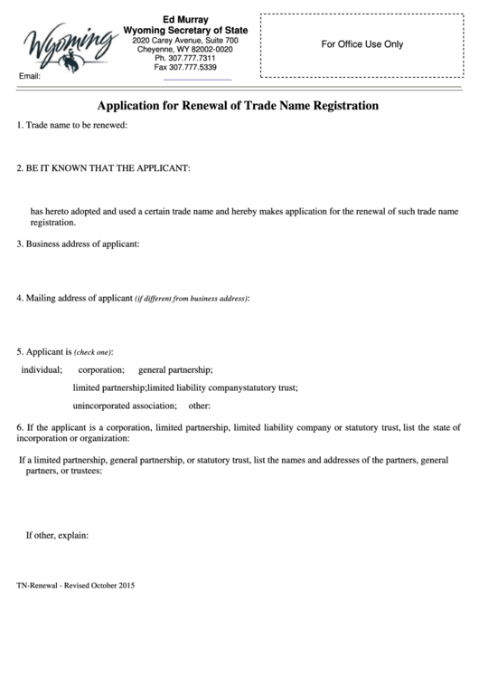 Application For Renewal Of Trade Name Registration - Wyoming Secretary Of State