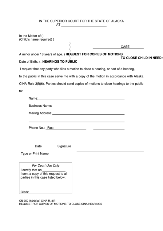 Request For Copies Of Motions To Close Child In Need Of Aid Printable pdf