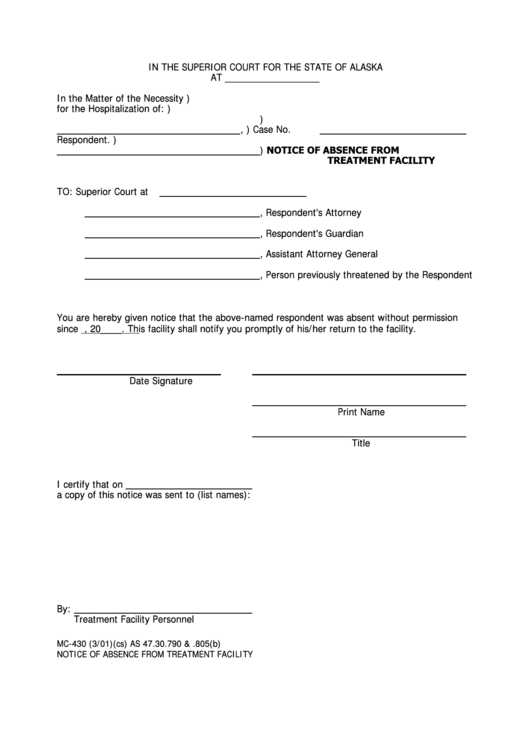 Fillable Notice Of Absence From Treatment Facility Printable pdf