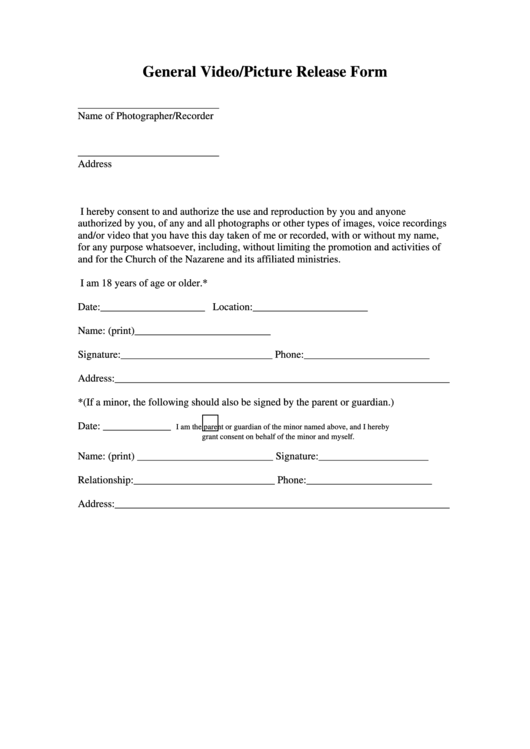 General Video Picture Release Form Printable pdf