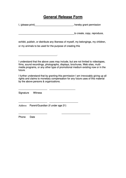 General Release Form Printable pdf