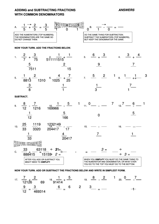 Adding And Subtracting Fractions With Common Denominators Worksheet Printable pdf