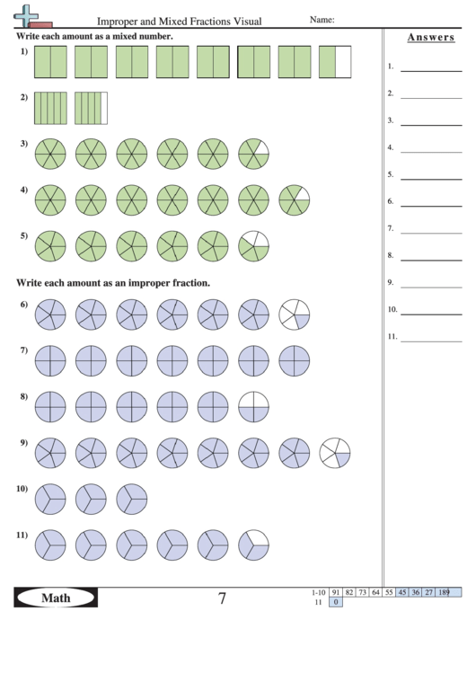 Improper And Mixed Fractions Visual Worksheet printable pdf download