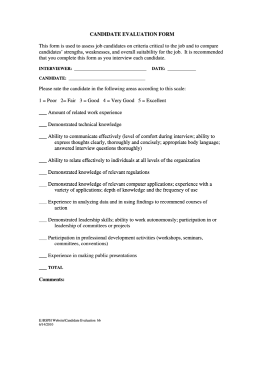 Candidate Evaluation Form Printable pdf
