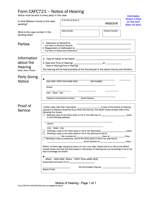 Fillable Form Cafc721 Notice Of Hearing Printable pdf