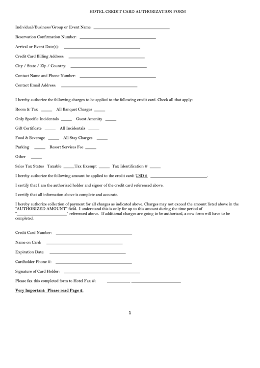 Fillable Hotel Credit Card Authorization Form Printable pdf