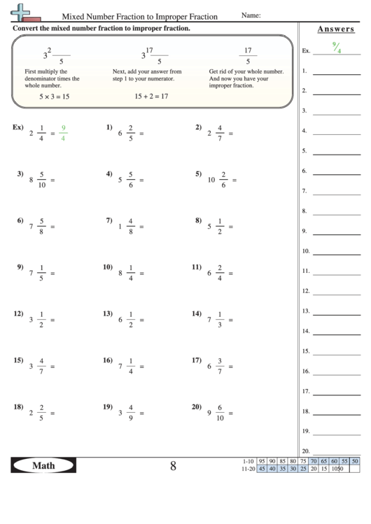 Mixed Number Fraction To Improper Fraction Worksheet With Answer Key ...