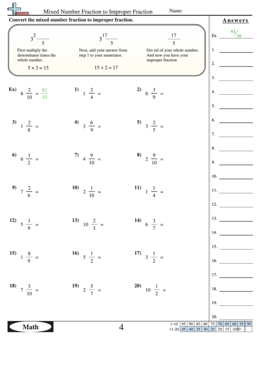 Mixed Number Fraction To Improper Fraction Worksheet With Answer Key Printable pdf