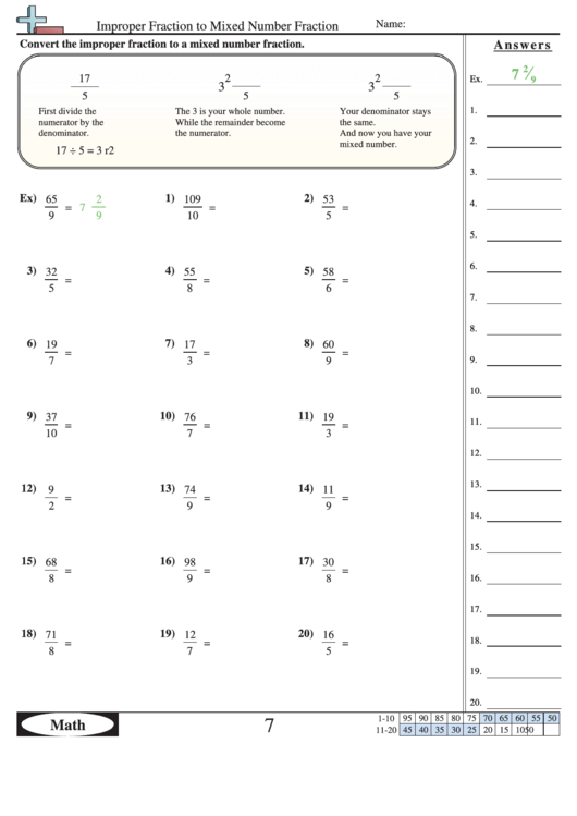 Improper Fraction To Mixed Number Fraction Worksheet With Answer Key Printable pdf