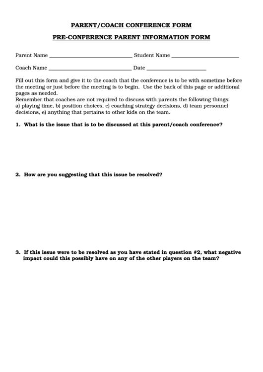 Parent-Coach Conference Form Printable pdf