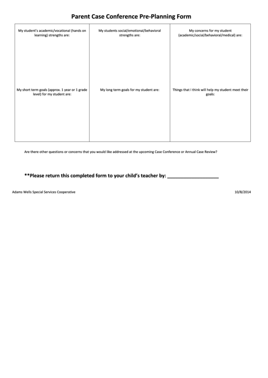 Parent Case Conference Pre-Planning Form Printable pdf