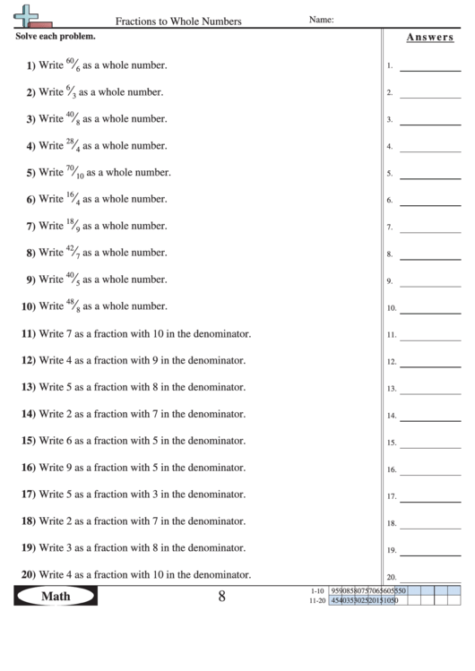 Fractions To Whole Numbers Worksheet With Answer Key Printable pdf