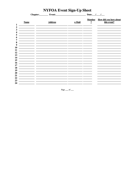 Nyfoa Event Sign-Up Sheet Template Printable pdf