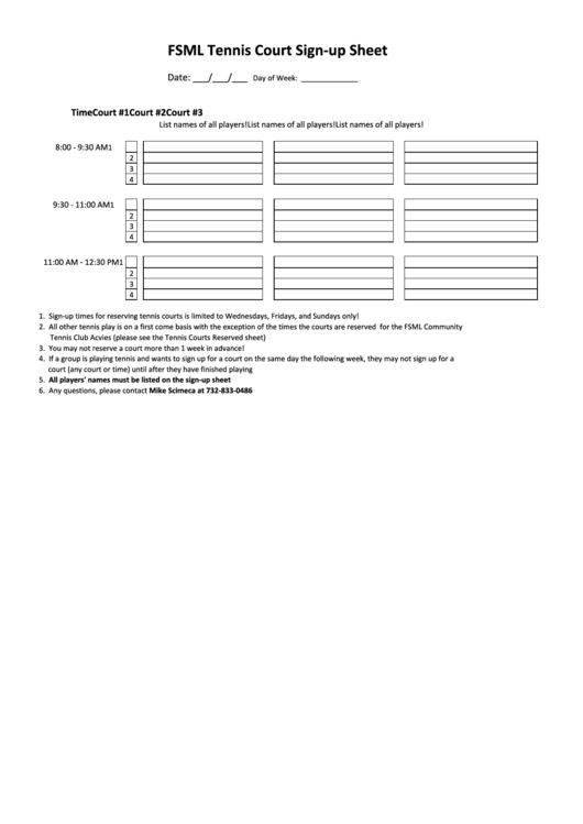 Fsml Tennis Court Sign-Up Sheet Template Printable pdf